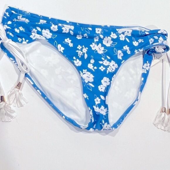 ANNE COLE Blue FloralStretch Adjustable Coverage Tie Bikini Swimsuit Bottom - Picture 9 of 10